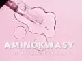 Kropla serum z pipety na różowym tle. Tekst: AMINOKWASY W KOSMETYKACH.