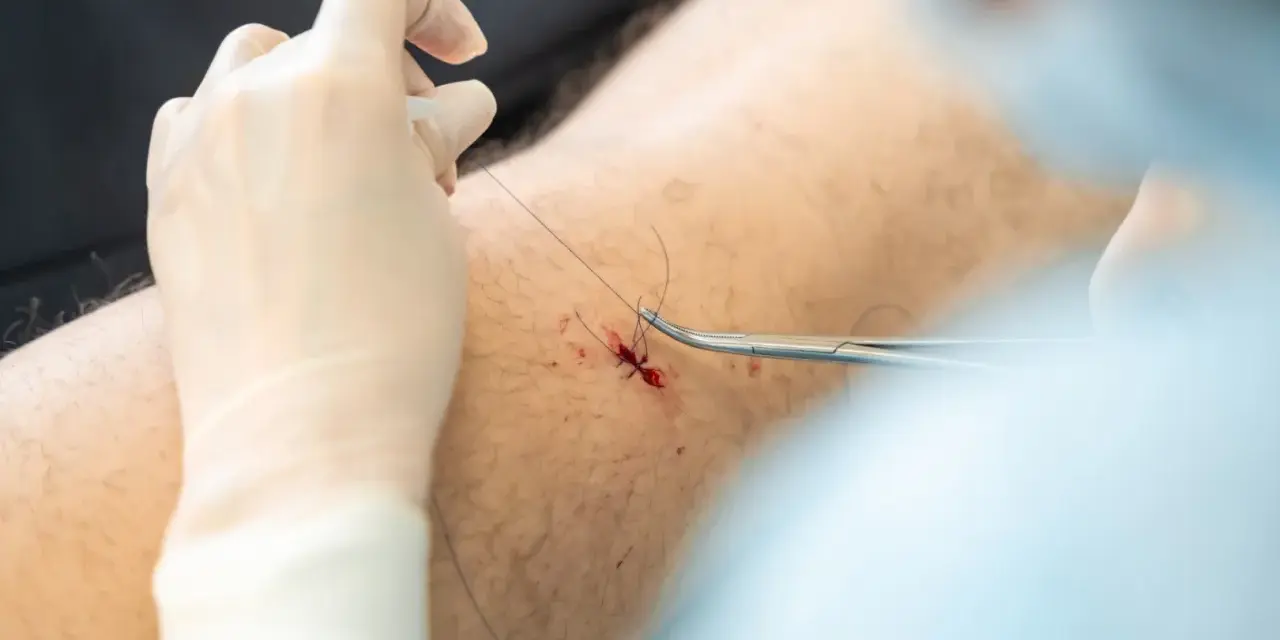 Chirurg zszywa ranę po usunięciu pieprzyka. Widoczna jest blizna i narzędzia chirurgiczne.