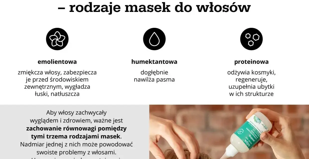 Równowaga PEH włosów: maski emolientowe, humektantowe i proteinowe. Odżywka do włosów, dzięki nim, zapewnia miękkość, nawilżenie i regenerację.