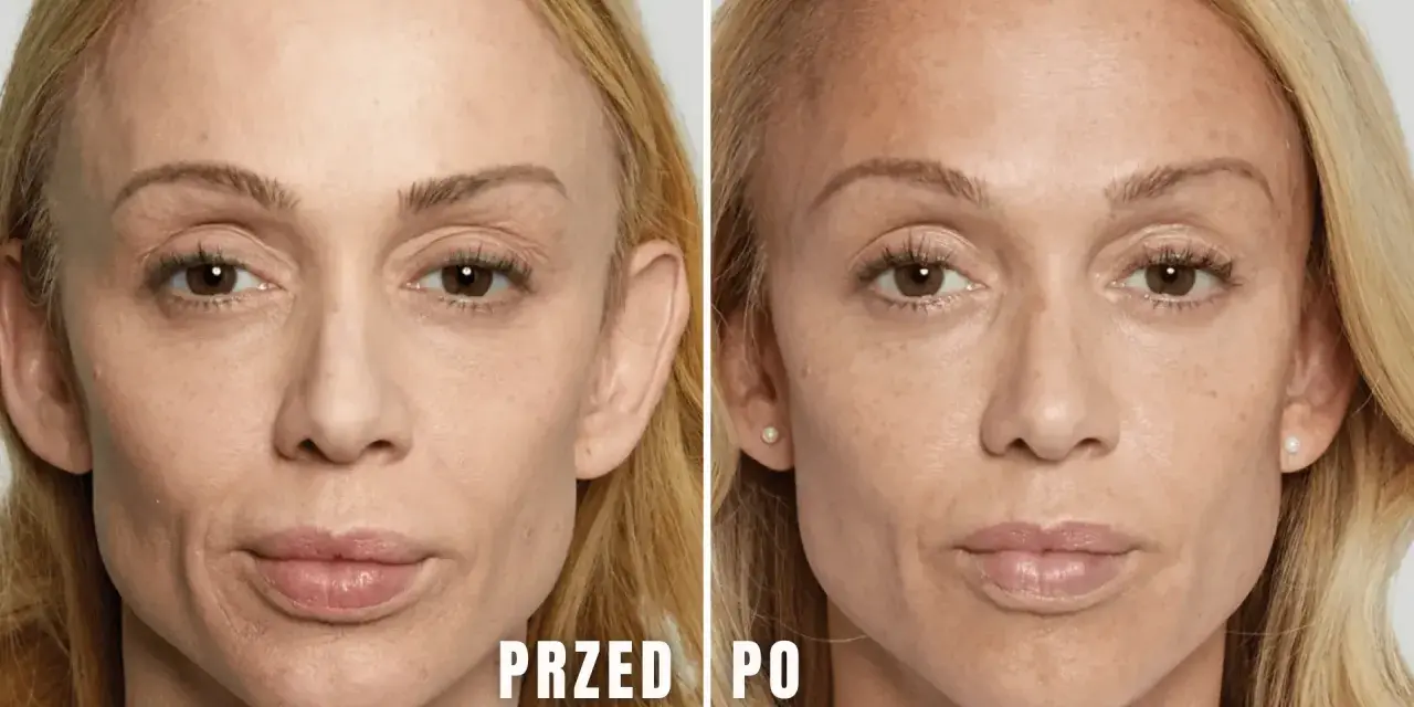 Przed i po zabiegu z użyciem polikaprolakton stymulator. Skóra twarzy wygładzona, z widoczną poprawą objętości i elastyczności.