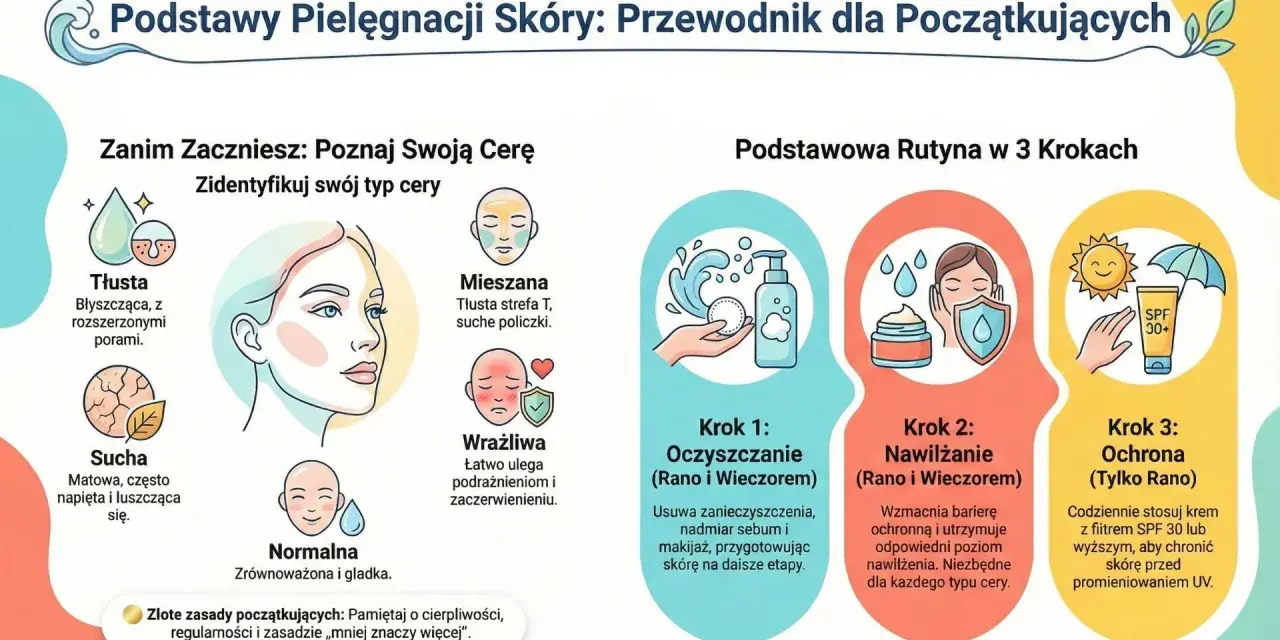Podstawy pielęgnacji twarzy kroki: rozpoznaj typ cery, oczyszczaj, nawilżaj i chroń skórę przed słońcem.