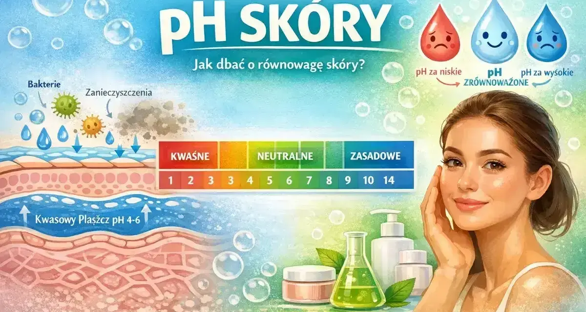 Ilustracja pokazuje warstwy skóry, skalę pH i zdrową cerę. Dbanie o równowagę skóry jest kluczowe dla jej zdrowia.