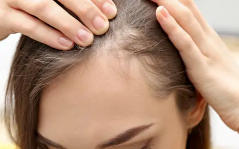 Dłonie kobiety dotykają jej głowy, sprawdzając przerzedzone włosy. Widać delikatne, cienkie włoski, przypominające baby hair, które mogą świadczyć o problemach z wypadaniem włosów.