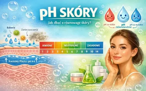 Ilustracja pokazuje warstwy skóry, skalę pH i zdrową cerę. Dbanie o równowagę skóry jest kluczowe dla jej zdrowia.