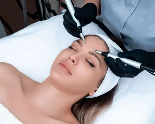 Zabieg jonoforezy na twarz. Kosmetolog w czarnych rękawiczkach wykonuje zabieg na czole i brwiach kobiety.