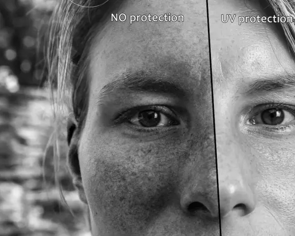 Porównanie skóry: lewa strona bez ochrony UV pokazuje liczne przebarwienia i oznaki fotostarzenia, prawa strona z ochroną UV wygląda gładko i zdrowo.