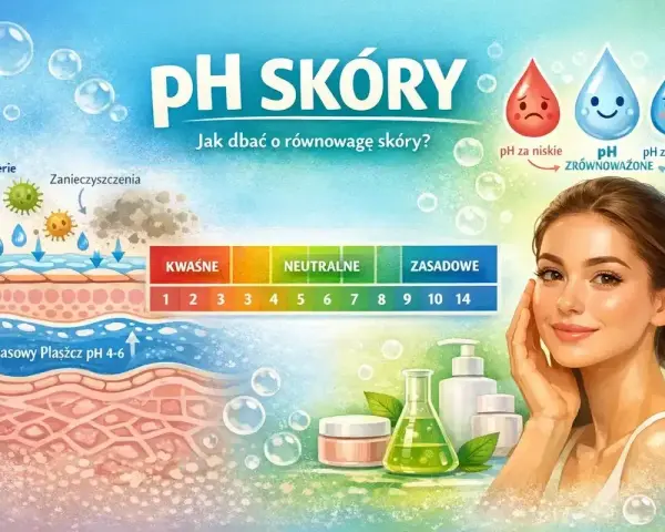 Ilustracja pokazuje warstwy skóry, skalę pH i zdrową cerę. Dbanie o równowagę skóry jest kluczowe dla jej zdrowia.