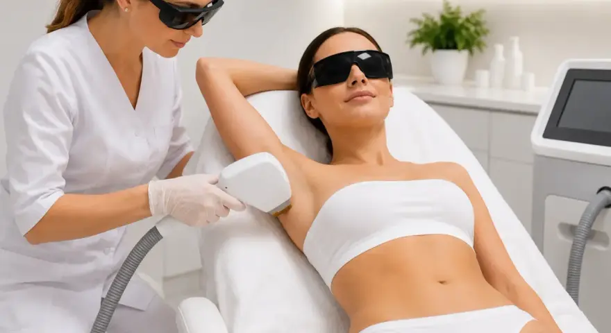 Kobieta w okularach ochronnych przechodzi zabieg depilacji laserowej pach. Po zabiegu będzie mogła cieszyć się gładką skórą i bez obaw o opalanie.