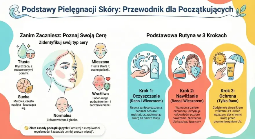 Podstawy pielęgnacji twarzy kroki: rozpoznaj typ cery, oczyszczaj, nawilżaj i chroń skórę przed słońcem.