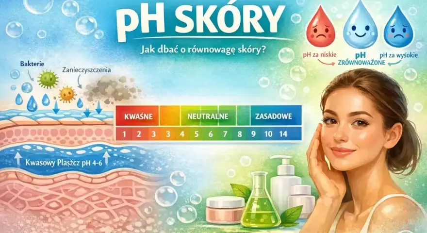 Ilustracja pokazuje warstwy skóry, skalę pH i zdrową cerę. Dbanie o równowagę skóry jest kluczowe dla jej zdrowia.