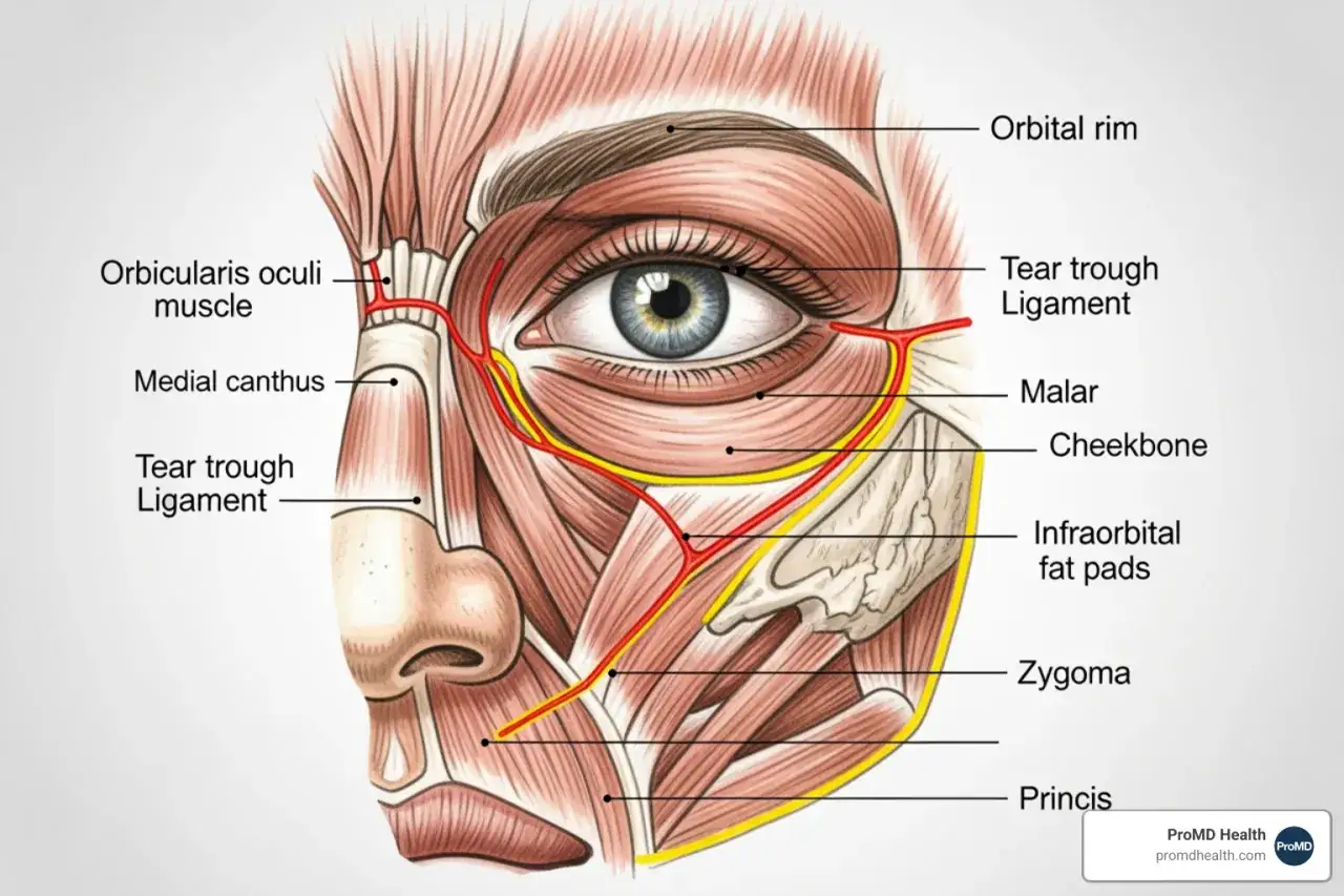 Anatomia twarzy: więzadło bruzdy łzowej i mięsień okrężny oka jako przyczyny podków pod oczami.