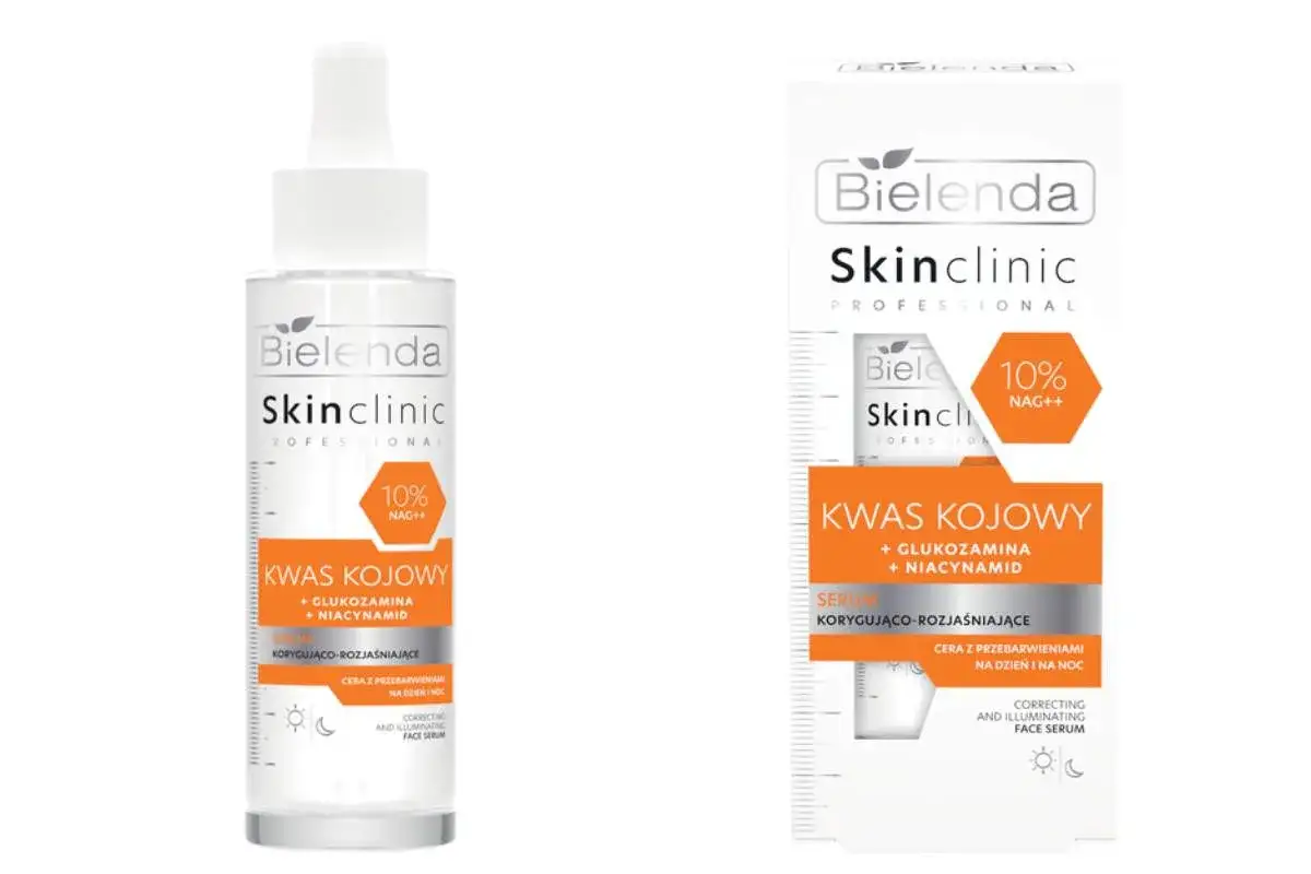 Serum Bielenda Skinclinic z kwasem kojowym, glukozaminą i niacynamidem. Efekty rozjaśniające i korygujące przebarwienia.
