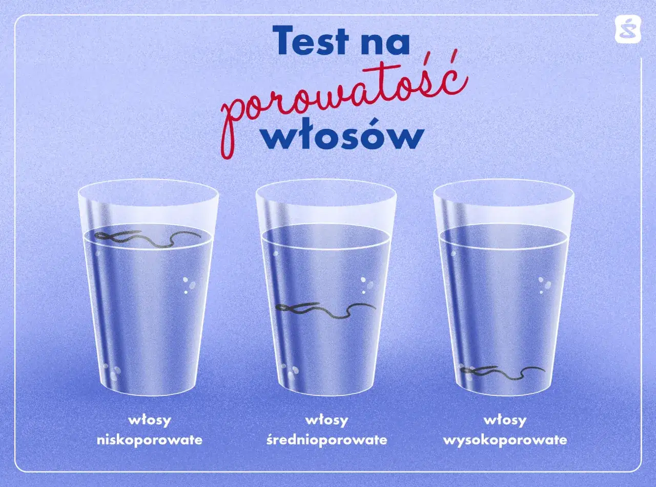 Test na porowatość włosów: włosy nisko-, średnio- i wysokoporowate w szklankach z wodą pokazują, jak szybko nasiąkają.