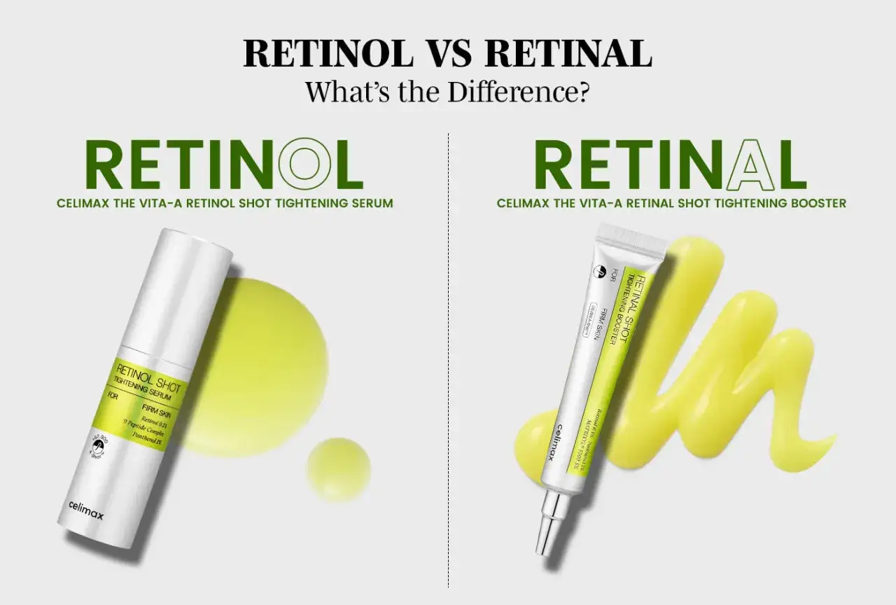 Porównanie produktów z retinalem i retinolem: serum z retinolem i booster z retinalem, oba od Celimax.