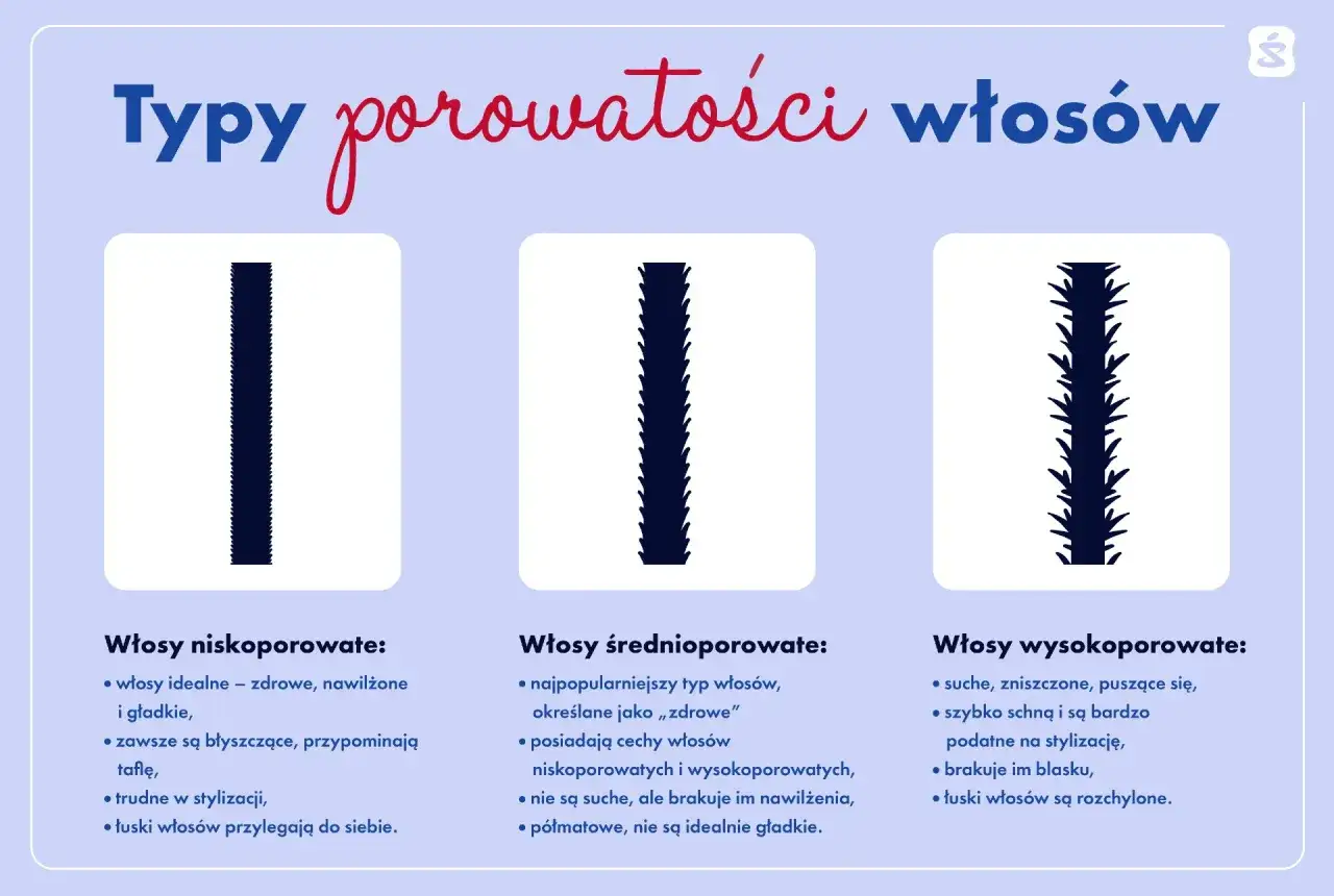 Włosy niskoporowate: gładkie, błyszczące, trudne w stylizacji. Obrazek przedstawia trzy typy porowatości włosów.