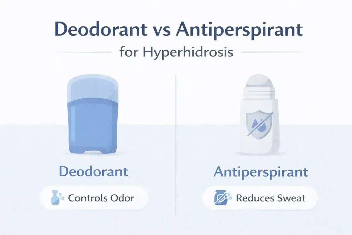 Dezodorant vs antyperspirant dla nadmiernego pocenia. Dezodorant kontroluje zapach, antyperspirant redukuje pot.