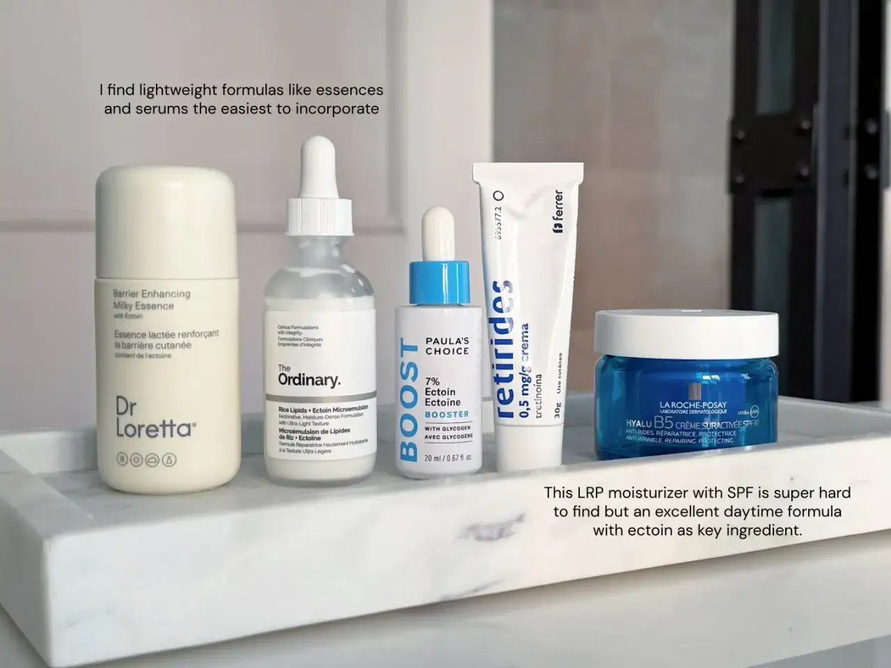 Kosmetyki z ektoiną: serum Dr. Loretta, The Ordinary, Paula's Choice i krem La Roche-Posay. Ektoina to składnik nawilżający i ochronny.