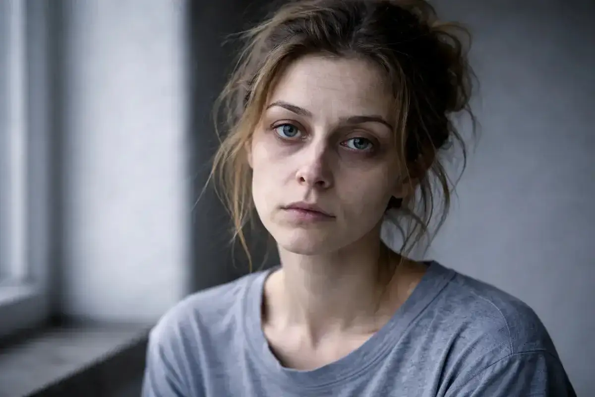 Zmęczona kobieta z cieniami pod oczami. Ziemista cera przyczyny mogą być r&oacute;żne: stres, brak snu, dieta.