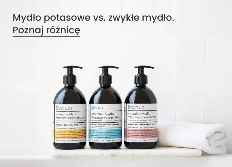Trzy butelki naturalnego mydła potasowego z ceramidami marki Barwa. Poznaj jego wszechstronne zastosowanie w pielęgnacji skóry wrażliwej.